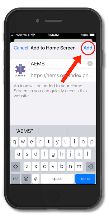 Installing AEMS Progressive Web App on iPhone - Step 3